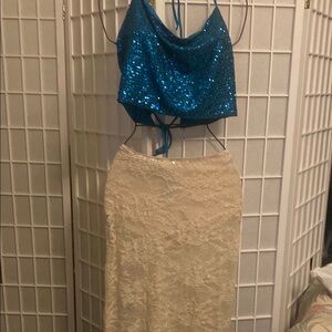 Wild Fable Blue Sequin Top and Cream Lace Skirt